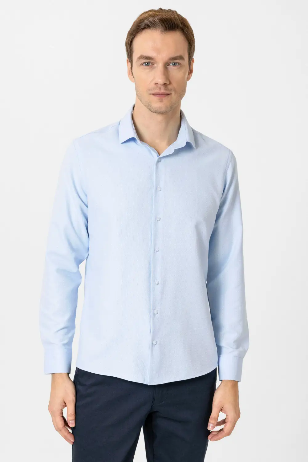 Синяя рубашка с узором и классическим воротником, 60% хлопок, 40% полиэстер, стиль slim fit, размеры S, M, L, XL