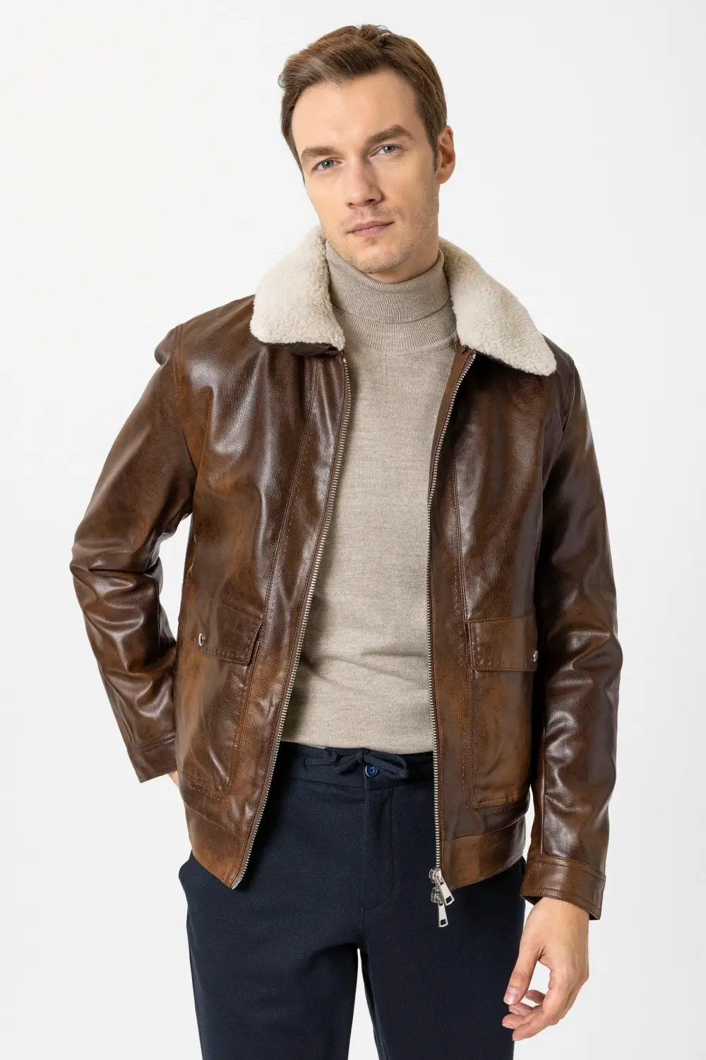 Slim Kalıp Suni Deri Mont