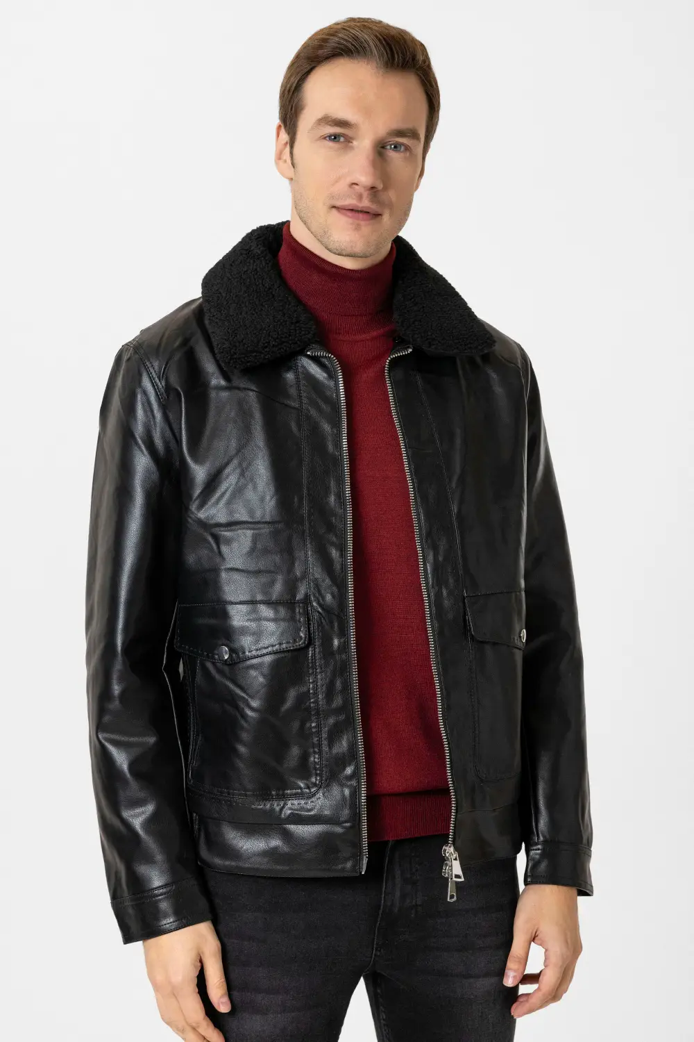 Slim Kalıp Suni Deri Mont