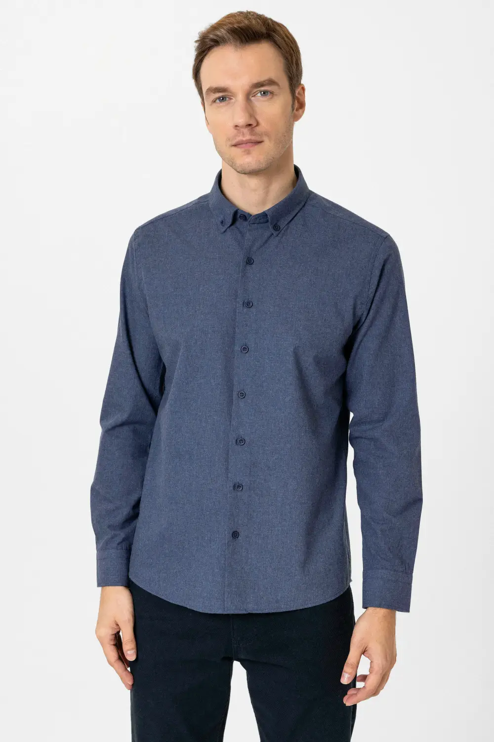 Узкая однотонная рубашка с воротником под пуговицы, 50% хлопок, 50% полиэстер, цвет: темно-синий, размеры: S, M, L, XL