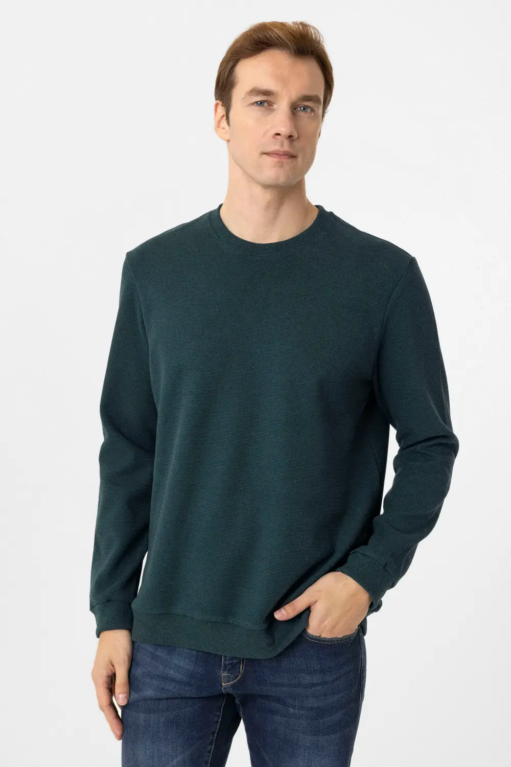 Трикотажный свитер с круглым вырезом, регулярный крой, фонарики, 50% хлопок, 50% полиэстер, цвет: темно-синий, размер: XL, L, M, XXL