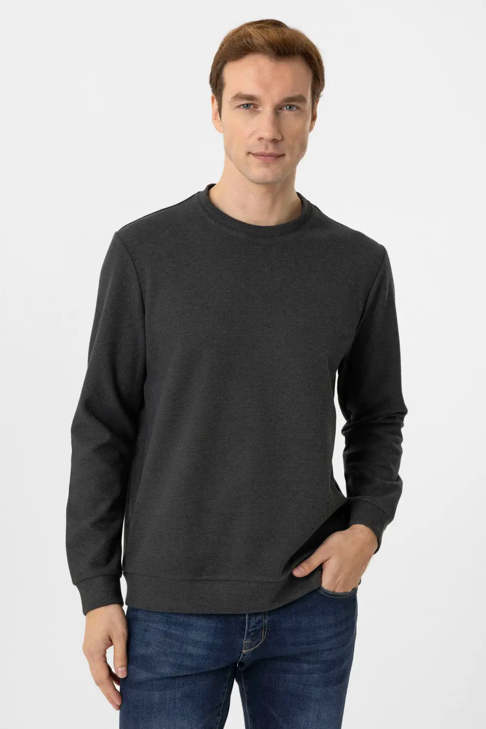 Узорный трикотаж с круглым вырезом, регулярная посадка, 50% хлопок, 50% полиэстер, цвет: темно-синий, размер: XL, L, M, XXL