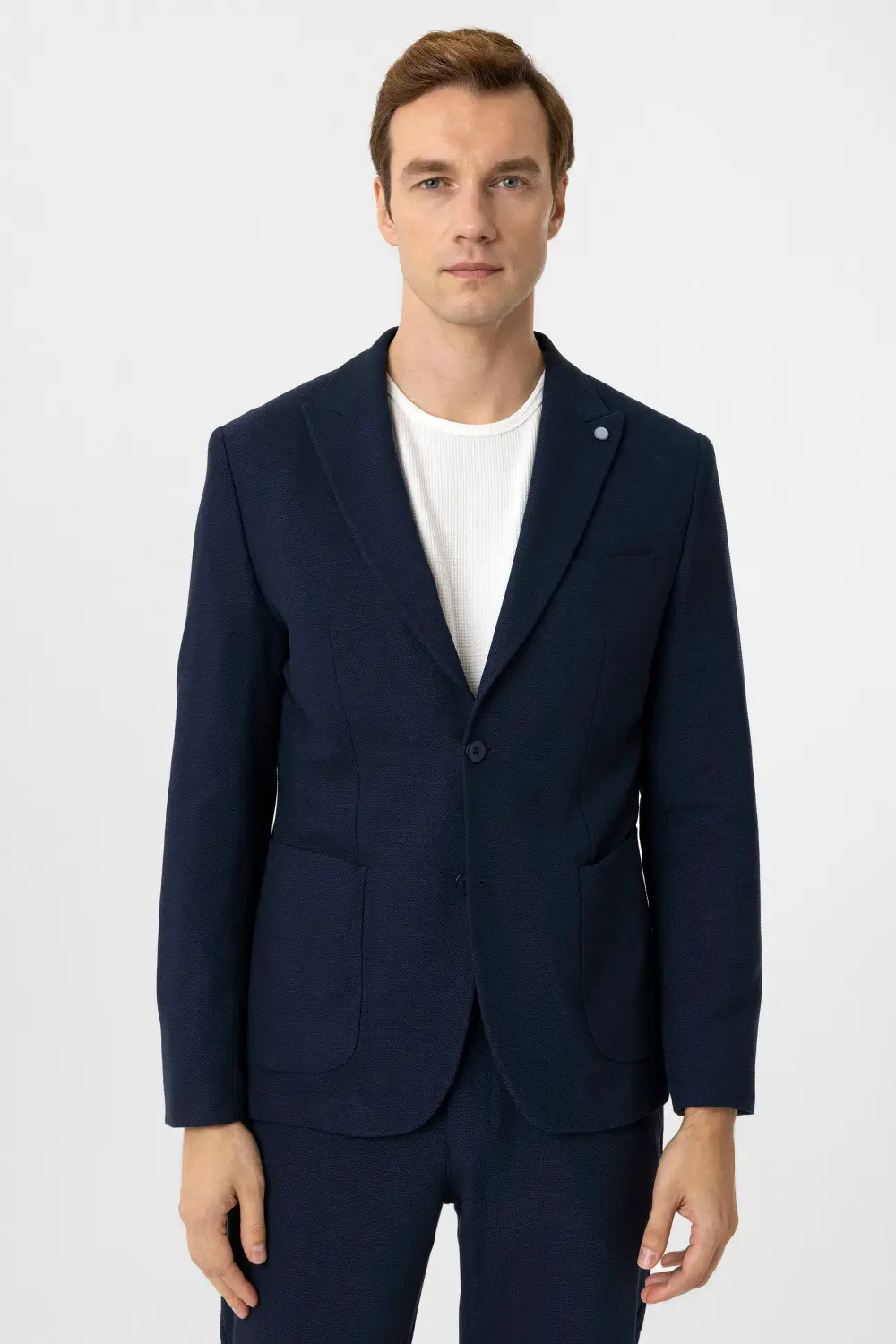 Слимфіт стильний костюм - класичний крій, 63% ПЕС, 33% ВІС, 4% ЕА, поли-візкон, темно-синій, з кишенями і класичним коміром
