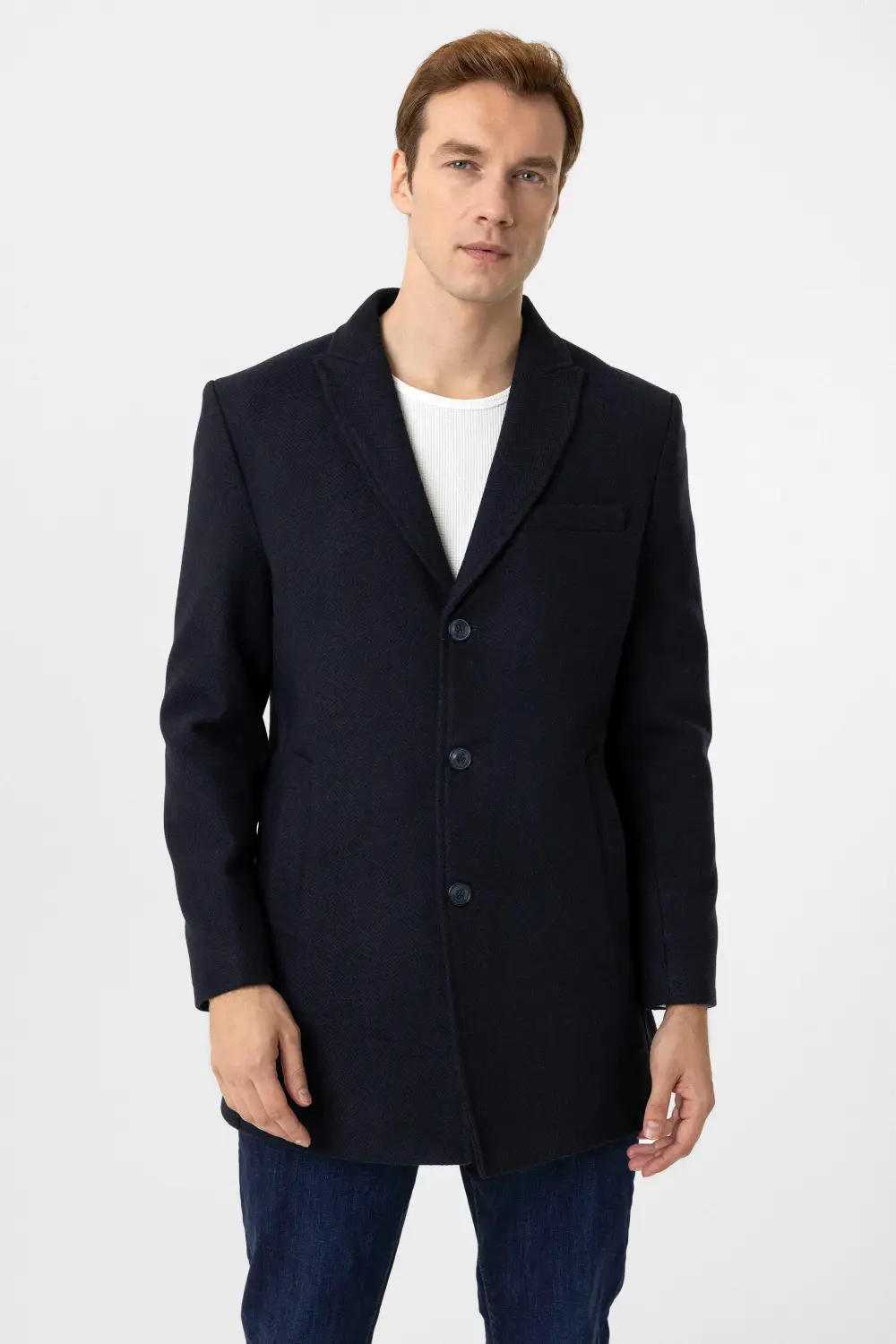 Стильное пальто с заостренным воротником, slim fit, принт, три пуговицы, свободные карманы, цвет: тёмно-синий. Размеры: 48-56. Производство Турция