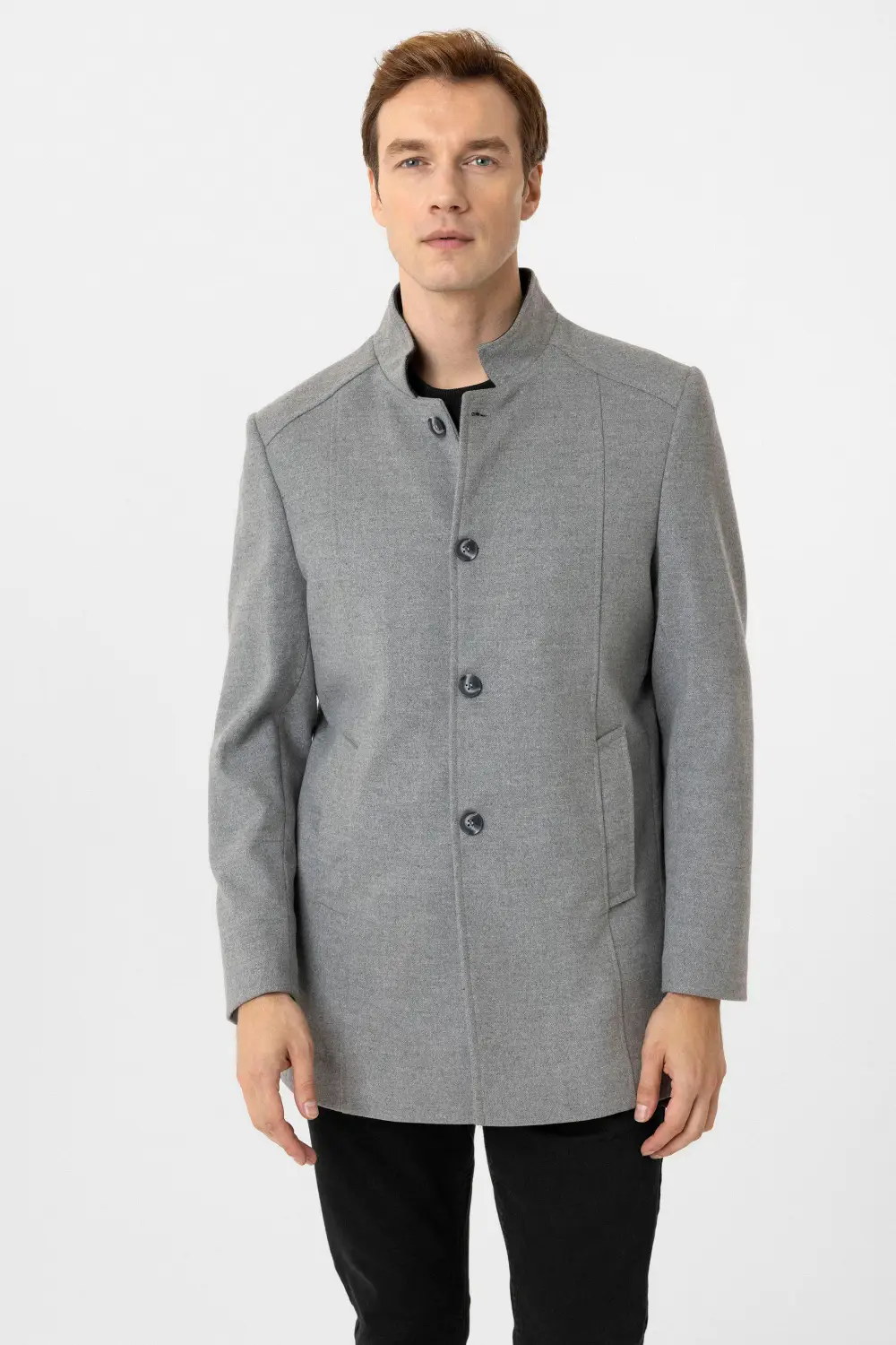 معطف بولو متناسق بأكمام مستقيمة برباط علوى بلون رمادي داكن مصمم من مزيج بوليستر و فيسكوز عالي الجودة