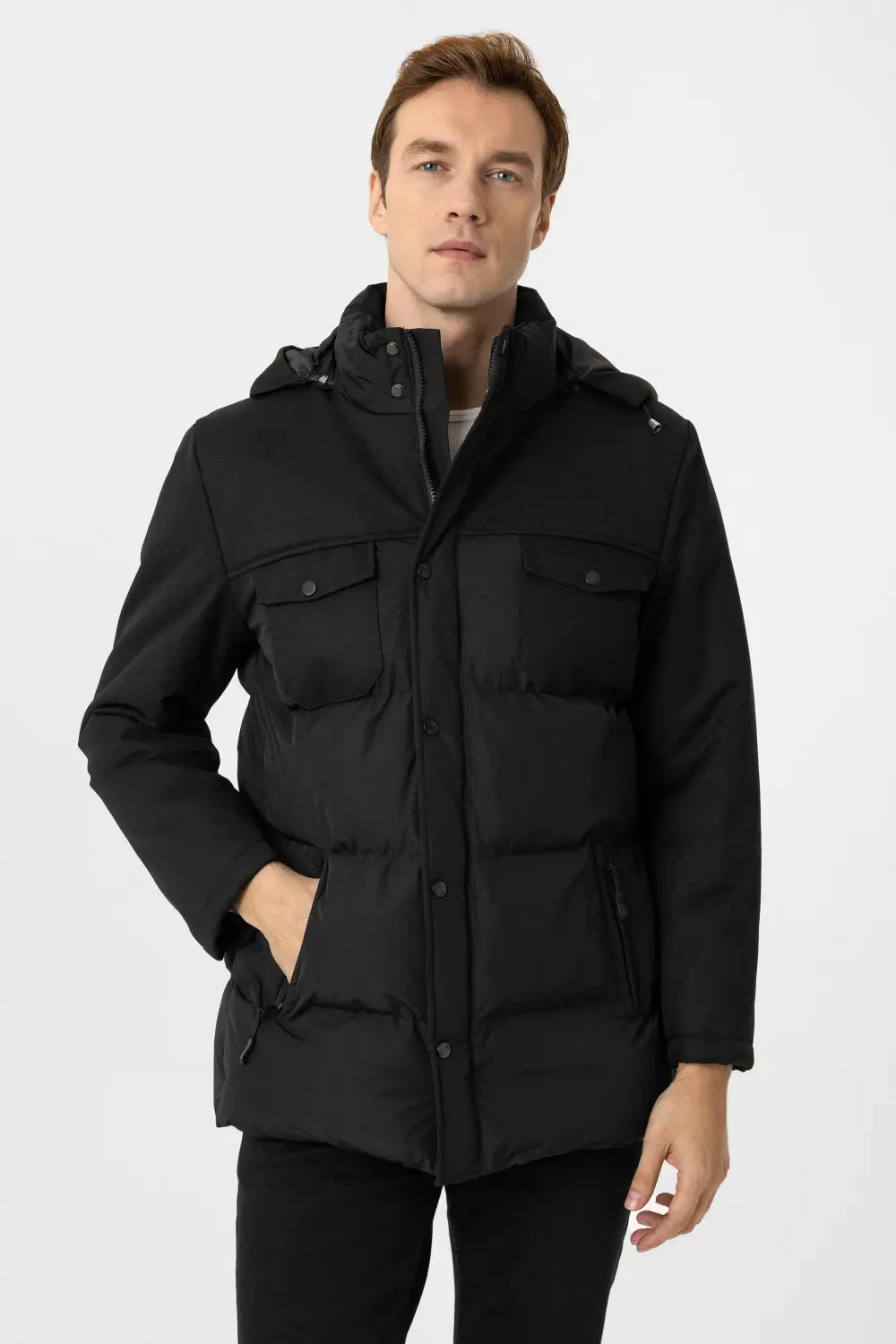 Удлинённая куртка Slim Kalıp, черная, 100% полиэстер, размеры 48-56, стильный и комфортный повседневный вариант для мужчин