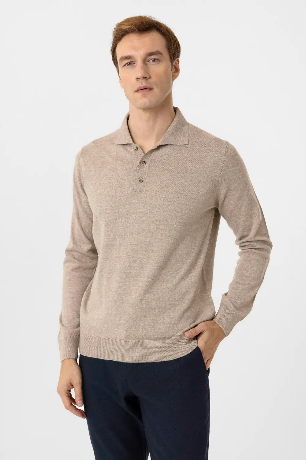 Регулярний светр з поло-воротом, 90% акрилу та 10% вовни, бежевого кольору, розміри XL, L, M, XXL