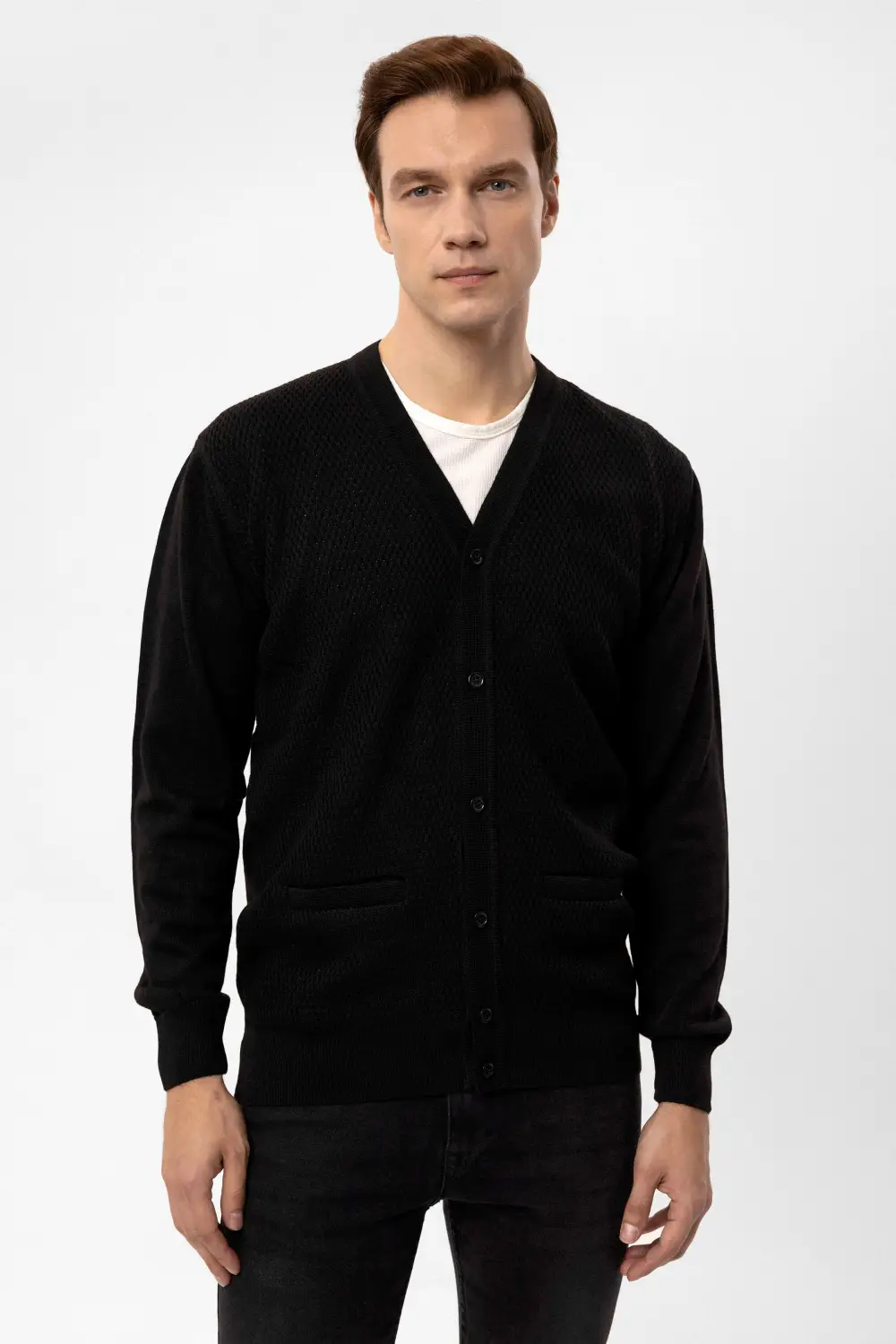 Регулярный кардиган с узором из 100% акрила, чёрного цвета, модель с пуговицами, классическая посадка, произведено в Турции