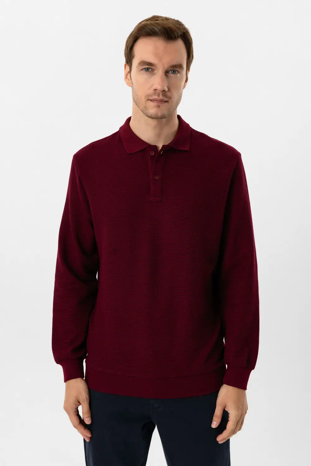 Polo Yaka Regular Kalıp Armürlü Sweatshirt