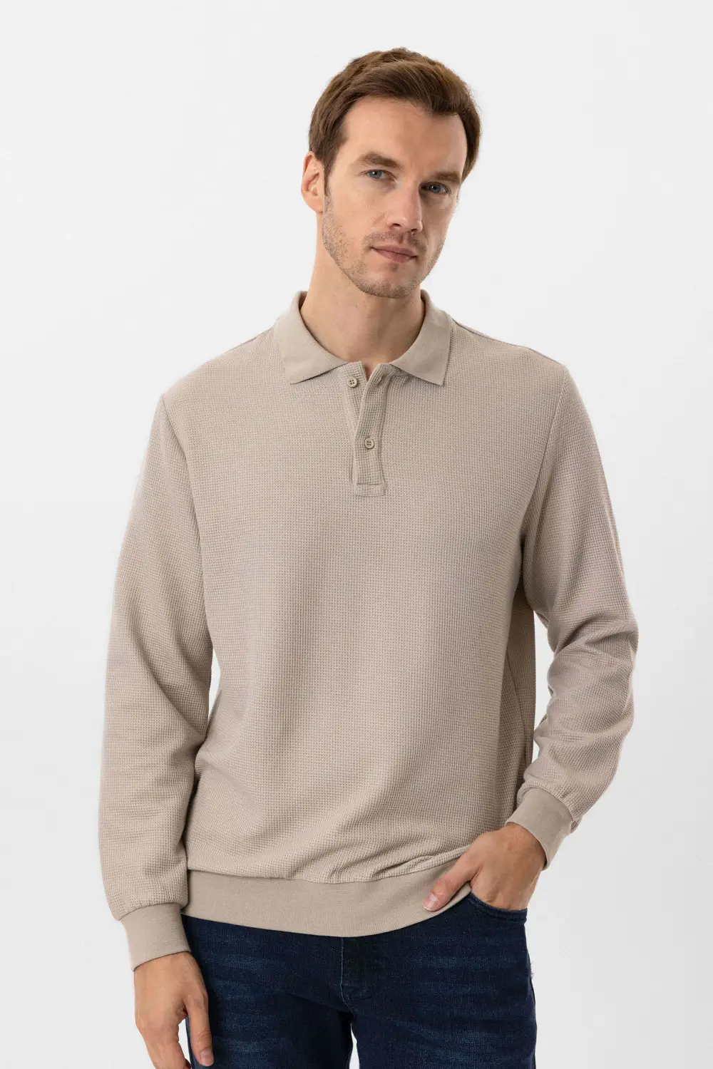 Polo Yaka Regular Kalıp Armürlü Sweatshirt