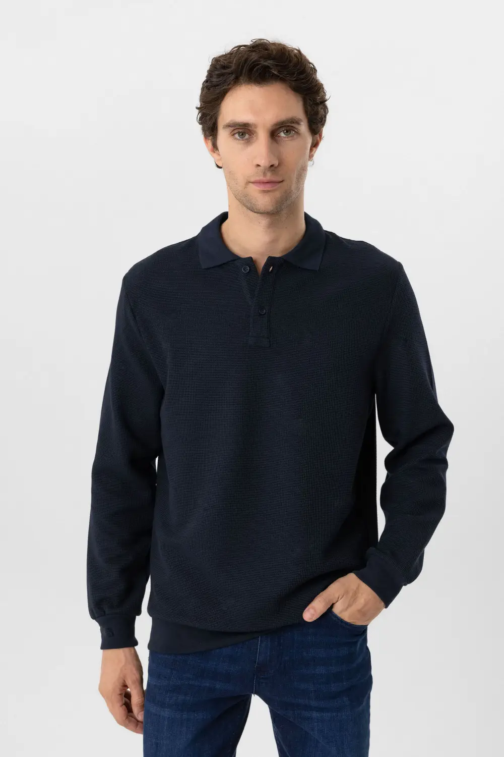 Polo Yaka Regular Kalıp Armürlü Sweatshirt