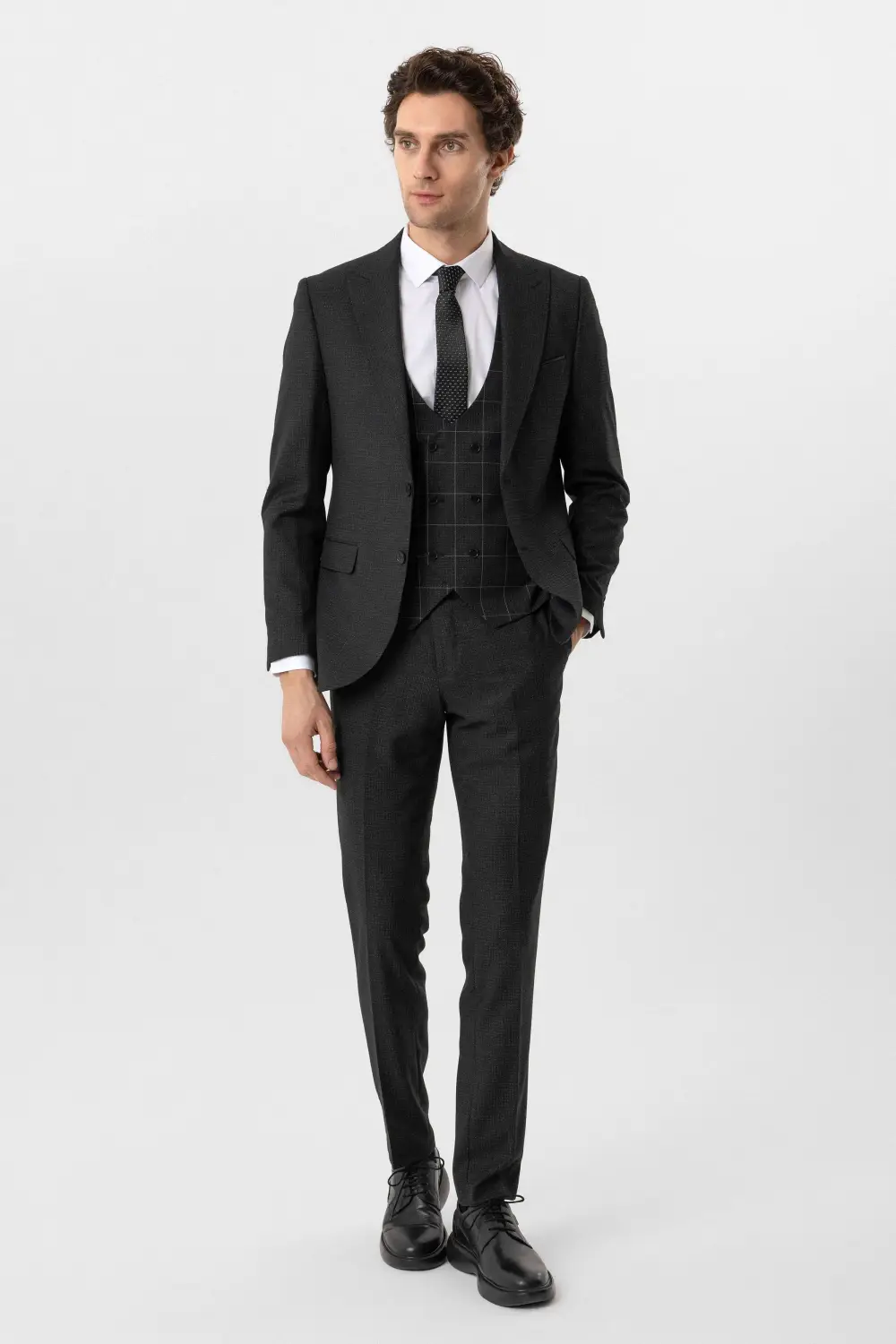 Slim Kalıp Armürlü Yelekli Takım Elbise