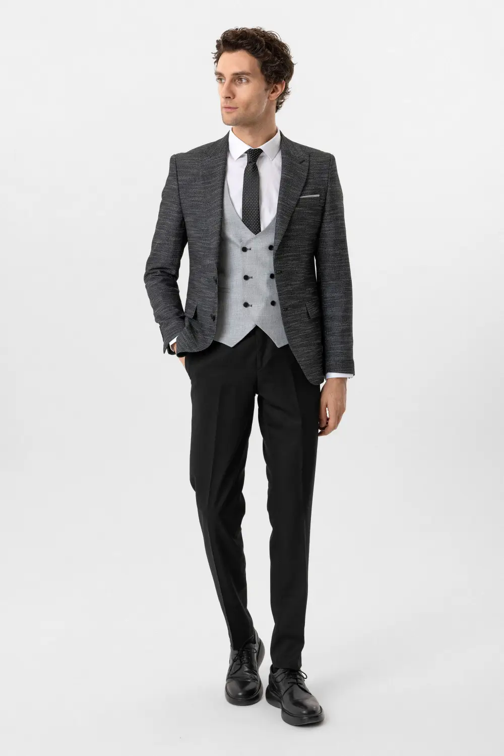 Slim Kalıp Desenli Yelekli Takım Elbise