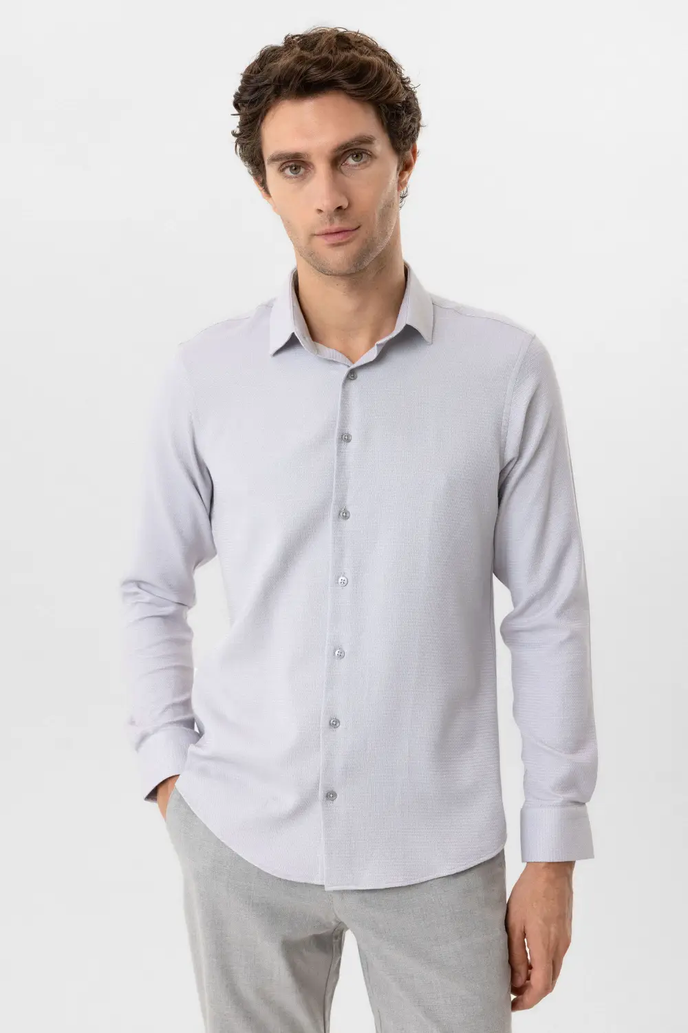 Сукня-рубашка з кутовими манжетами, класичним коміром, матеріал: 65% бавовна, 32% поліестер, 3% еластан, бізнес-кежуал, сірий колір