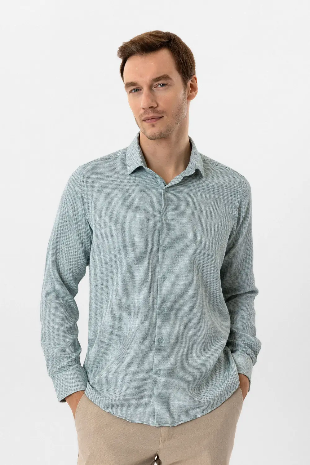 Слитный рубашка с классическим воротником, шаровары, 60% хлопка, 40% полиэстера, зелёный, бизнес-казуальный стиль, размеры S, M, L, XL