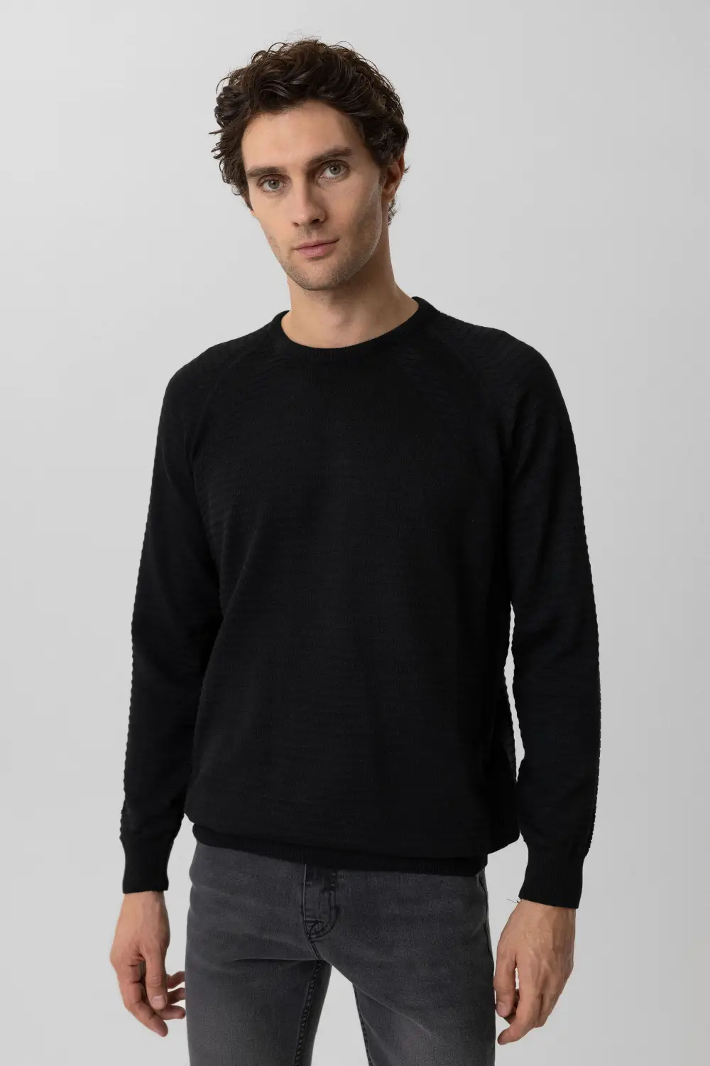 Трикотажный свитер с круглыми вырезами, ригельным узором, 50% хлопок, 50% акрил, цвет темно-синий, размеры XL, L, M, XXL