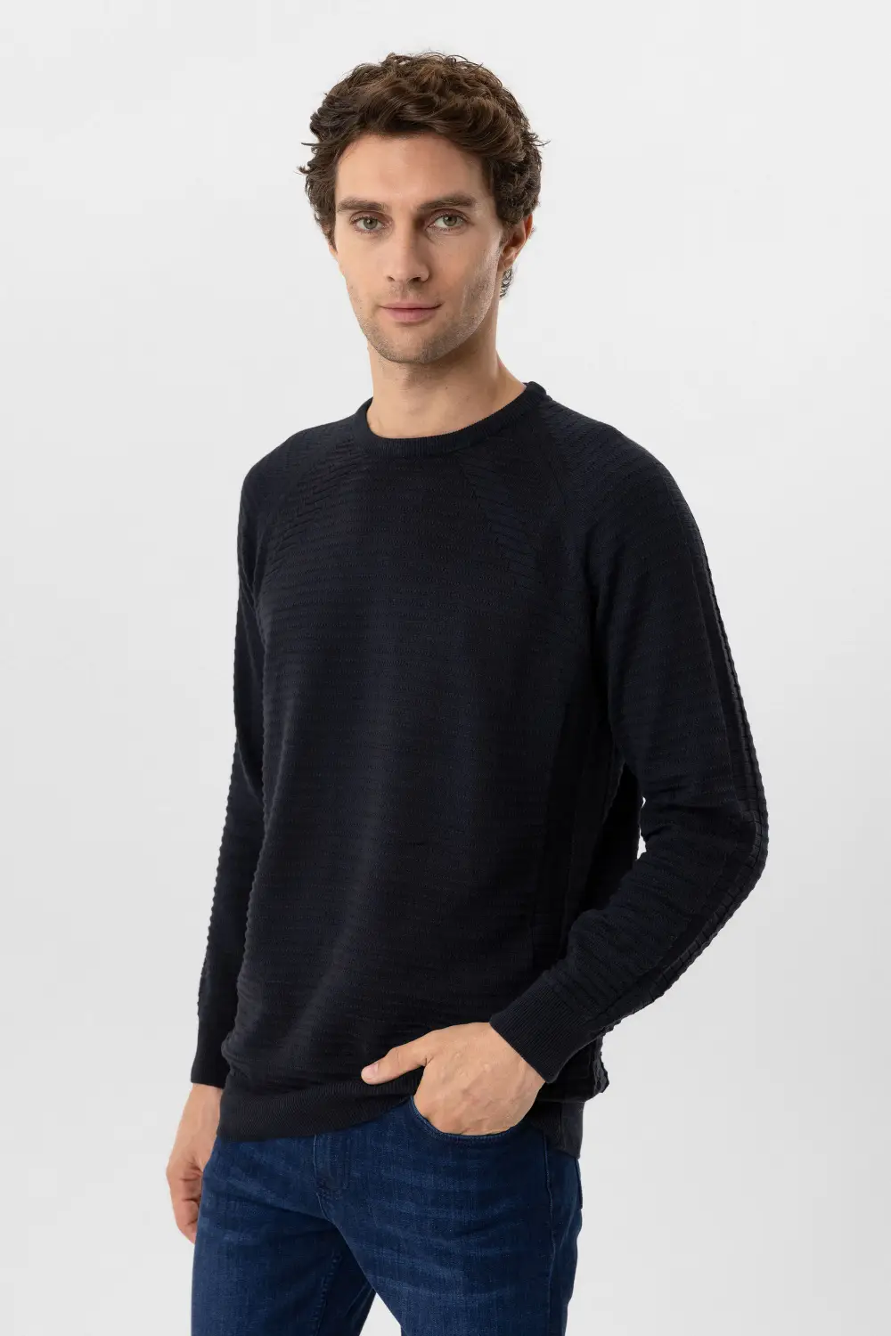 Светр з круглою горловиною, класичний крій, з бавовни та акрилу, темно-синій, Туреччина