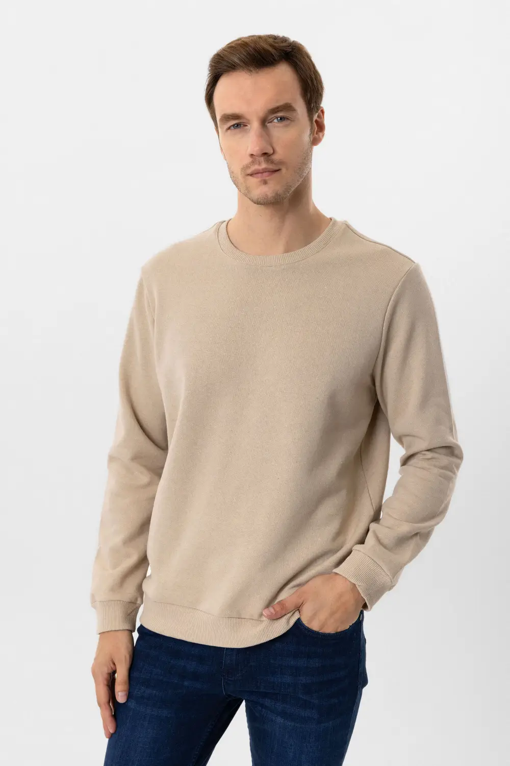 Светшот з круглим вирізом, класичний стиль, 50% бавовна, 50% поліестер, без малюнка, колір бежевий, доступні розміри XL, L, M, XXL