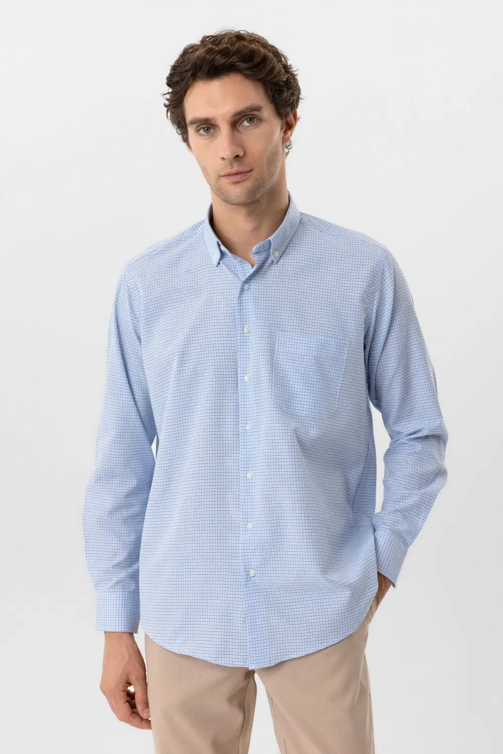Сорочка з квадратним малюнком і класичним коміром, 50% бавовна, 50% поліестер, колір: льодяно-блакитний, розміри: M, L, XL, XXL