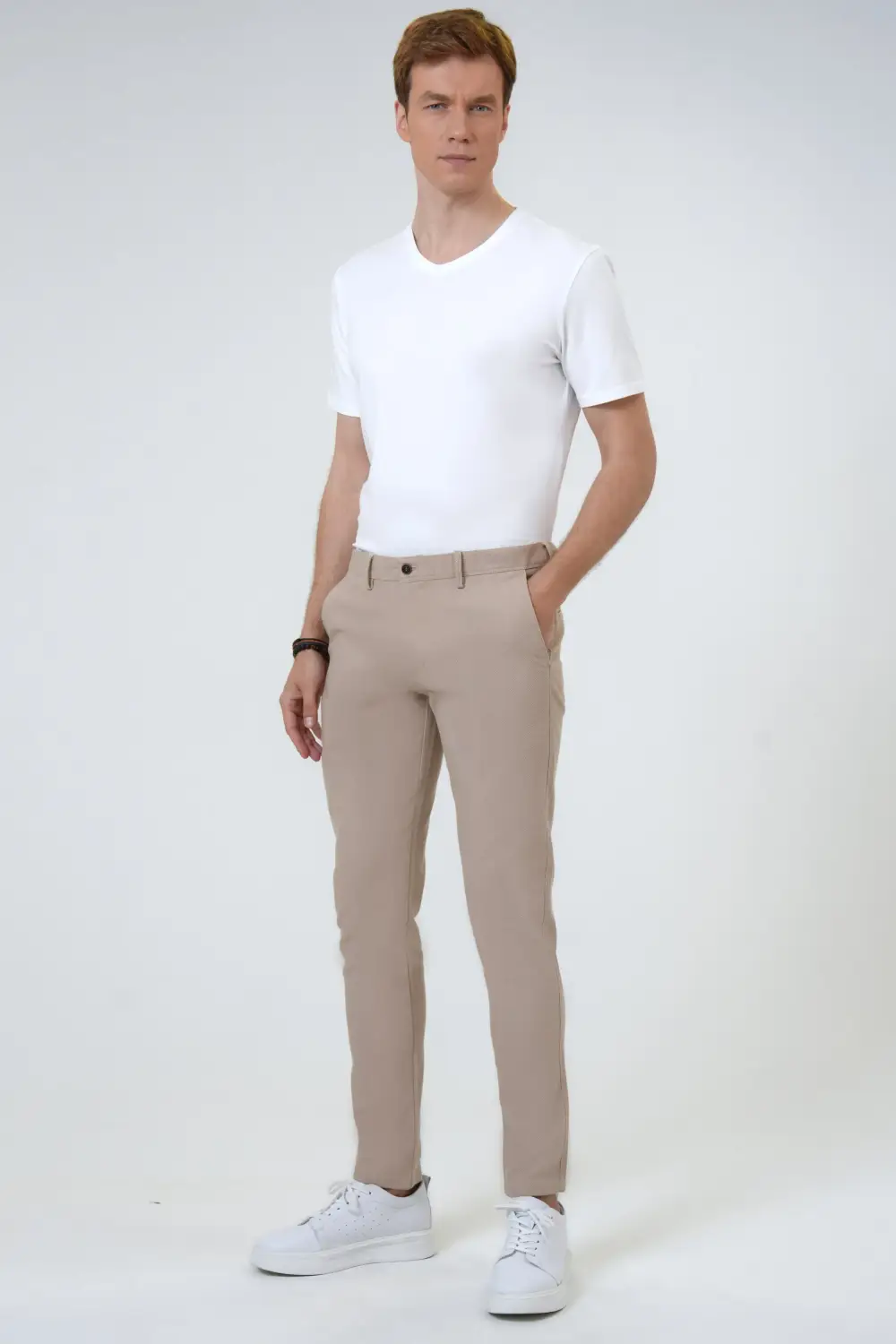 Slim Fit Armored Pants in Beige with Side Pockets and 72% Cotton Fabric from Turkey