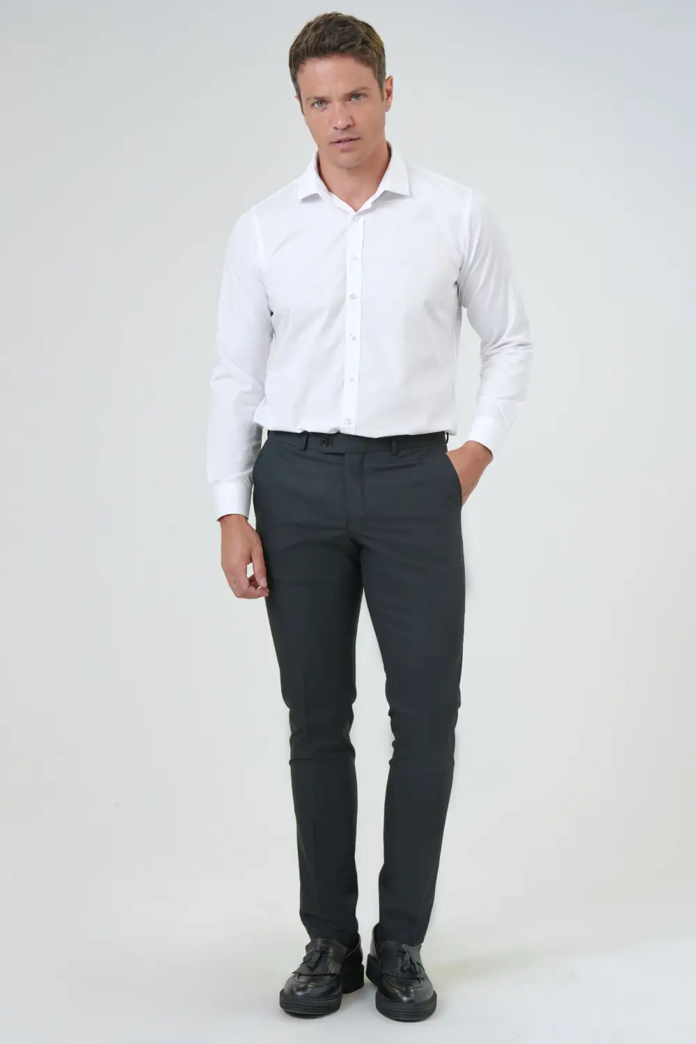 Slim Fit Textured Trousers in Black - Classic Cut, 64% PES, 34% VIS, 2% EA, Made in Turkey, Available in Sizes 44 and 46