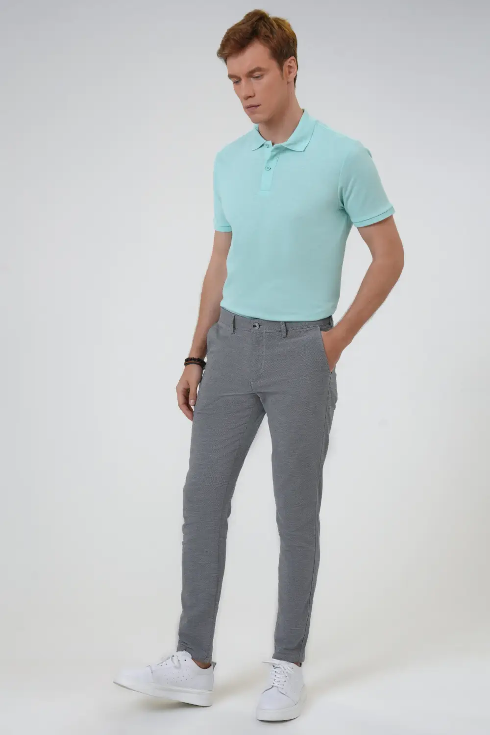 Slim Fit Cotton Blend Trousers with Pockets in Navy Blue