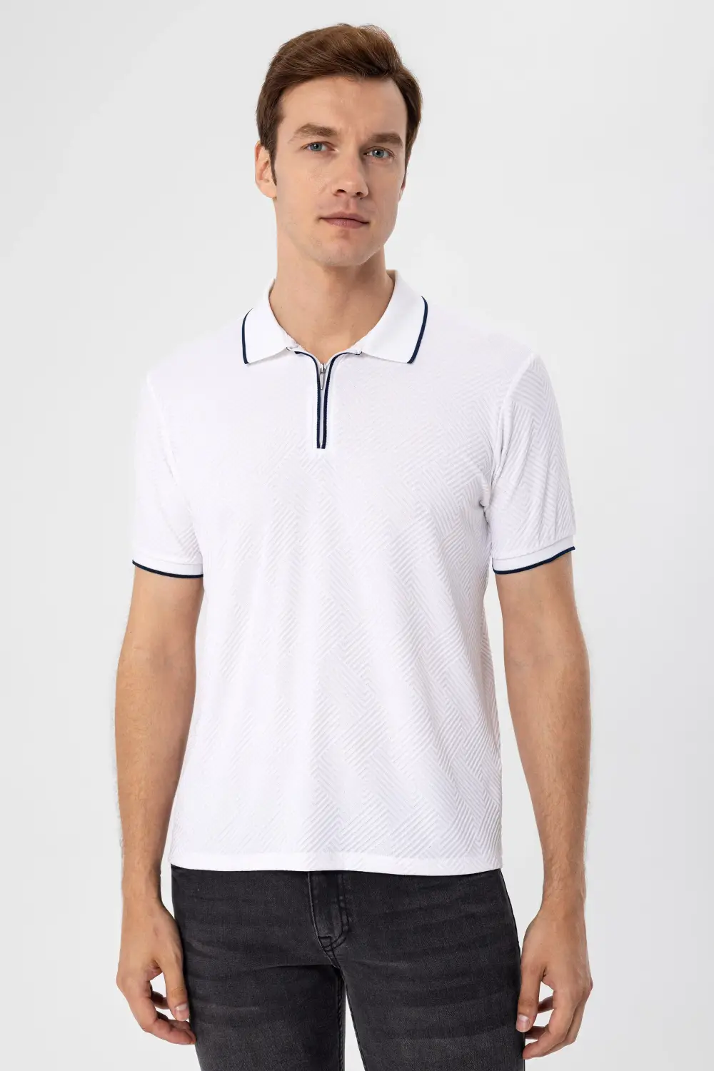 Мужская футболка поло с узором, slim fit, белая, 95% ПЭ, 5% лайкра, производитель Турция