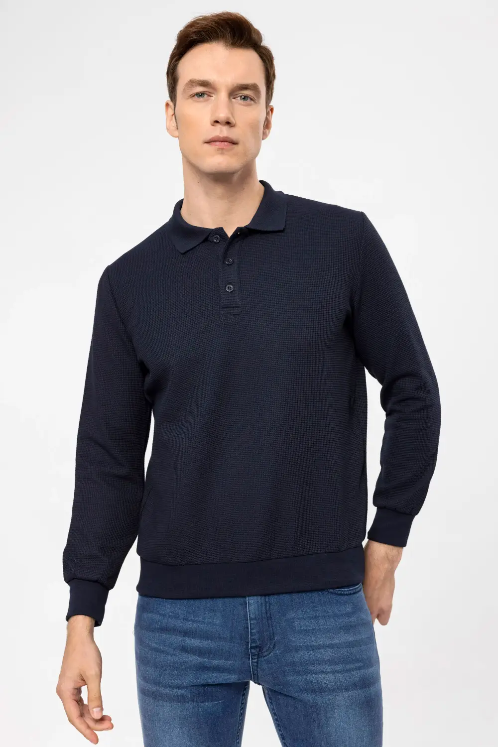 Polo Yaka Regular Kalıp Armürlü Sweatshirt