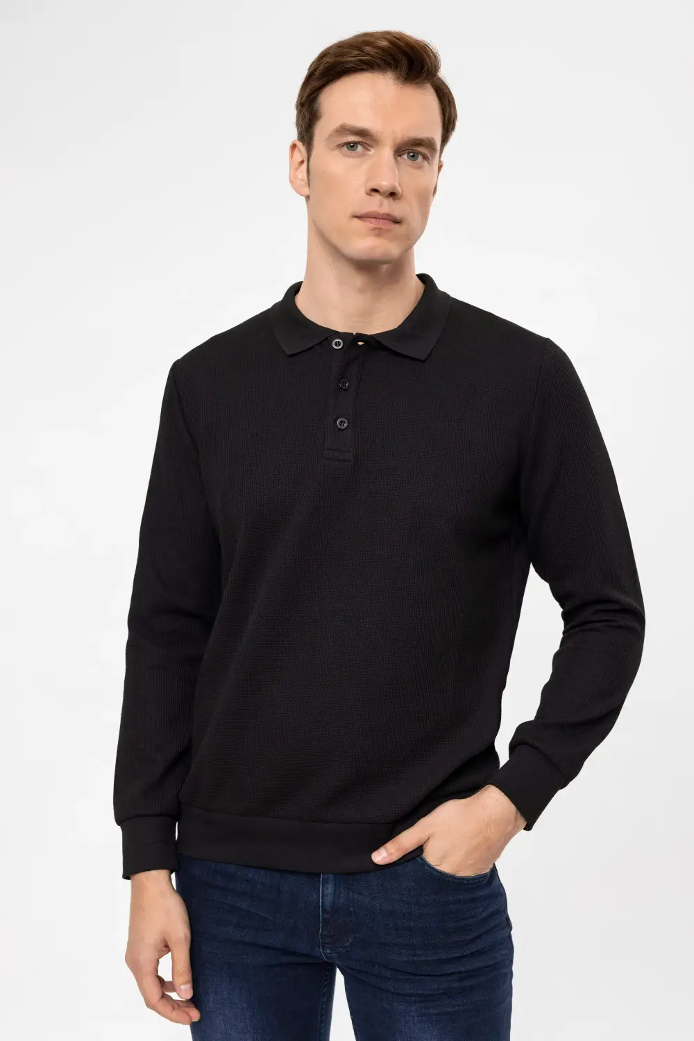 Polo Yaka Regular Kalıp Armürlü Sweatshirt