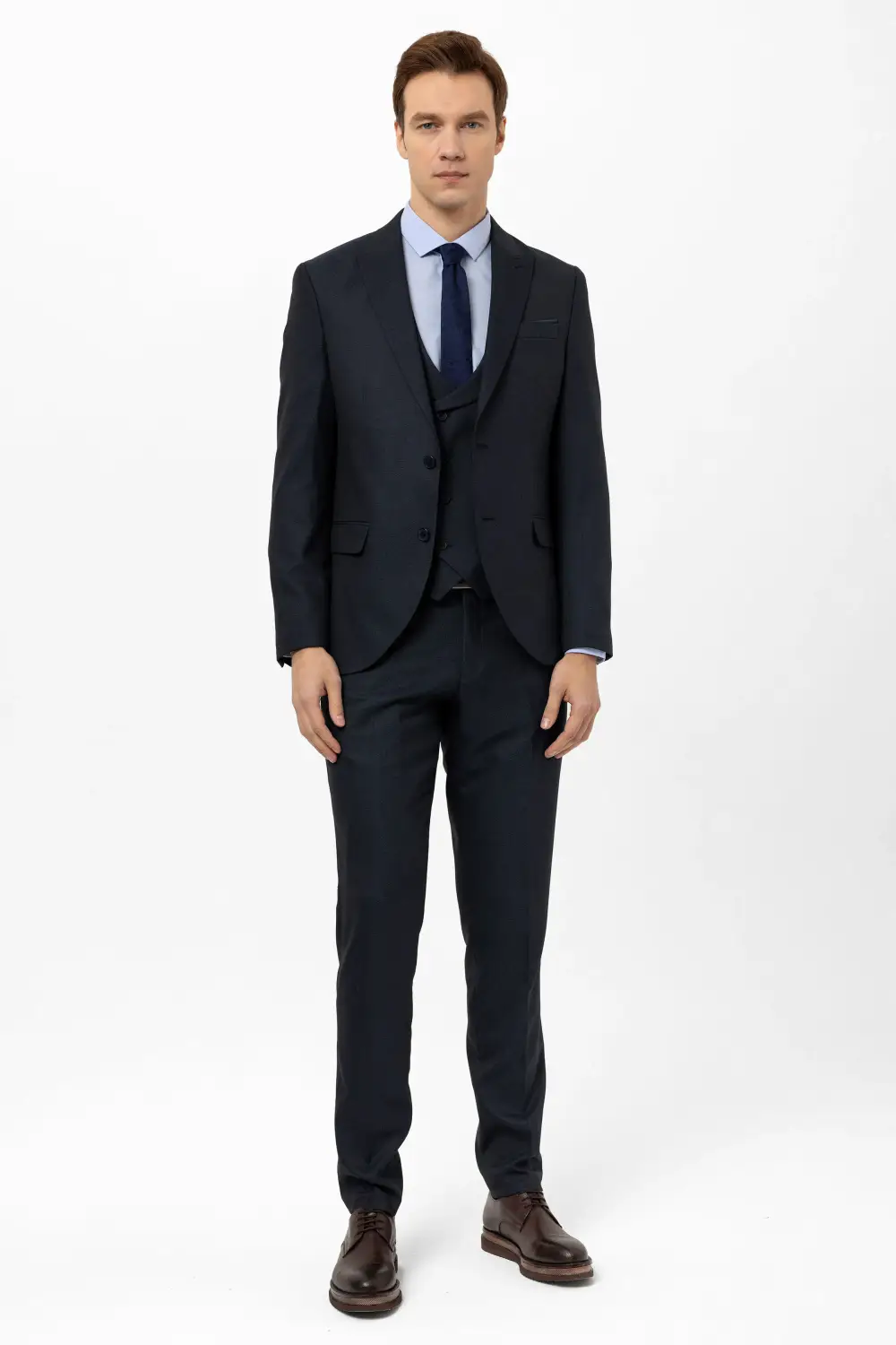 Slimfit Armürlü Yelekli Takım Elbise