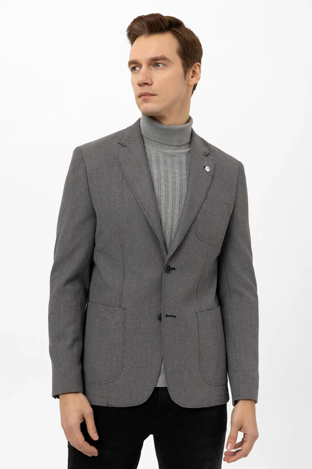 Слим-крой пиджак с армированным дизайном из полиэстера, застежка на два пуговицы, карманы с клапанами, без воротника, цвет антрацит