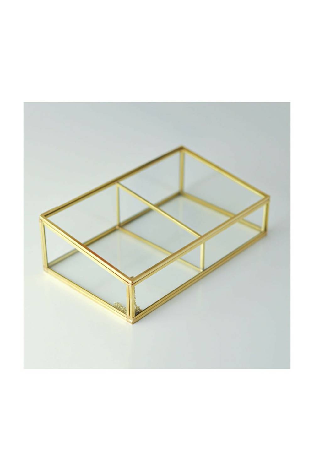 Gold Brass Brass Glass Jewelry, Makeup, Accessory Box with Decorative Lid, 2 Compartments