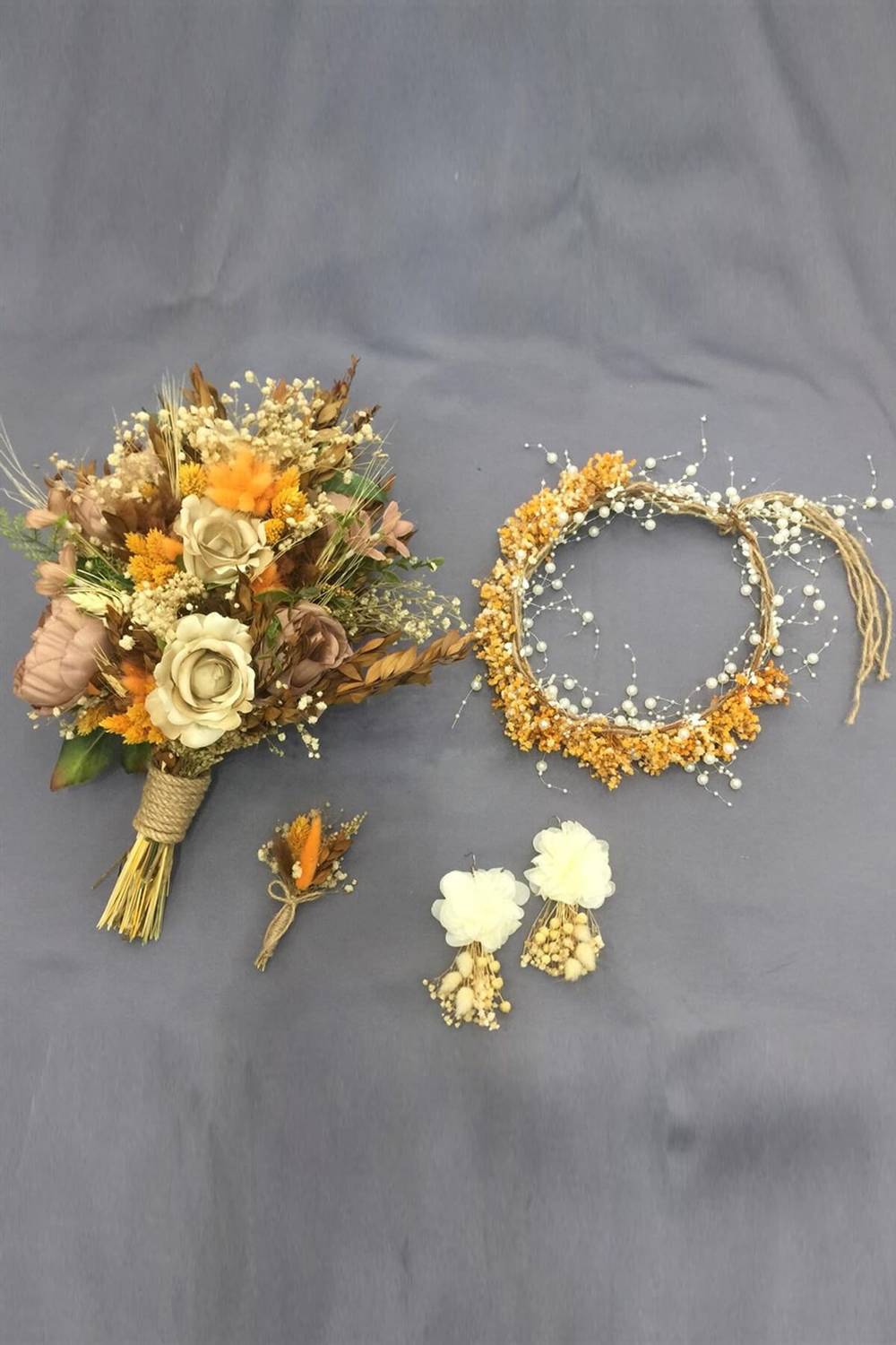 Mixture of Natural And Artificial Flowers Orange Dried Flower Suit Bridal Bouquet