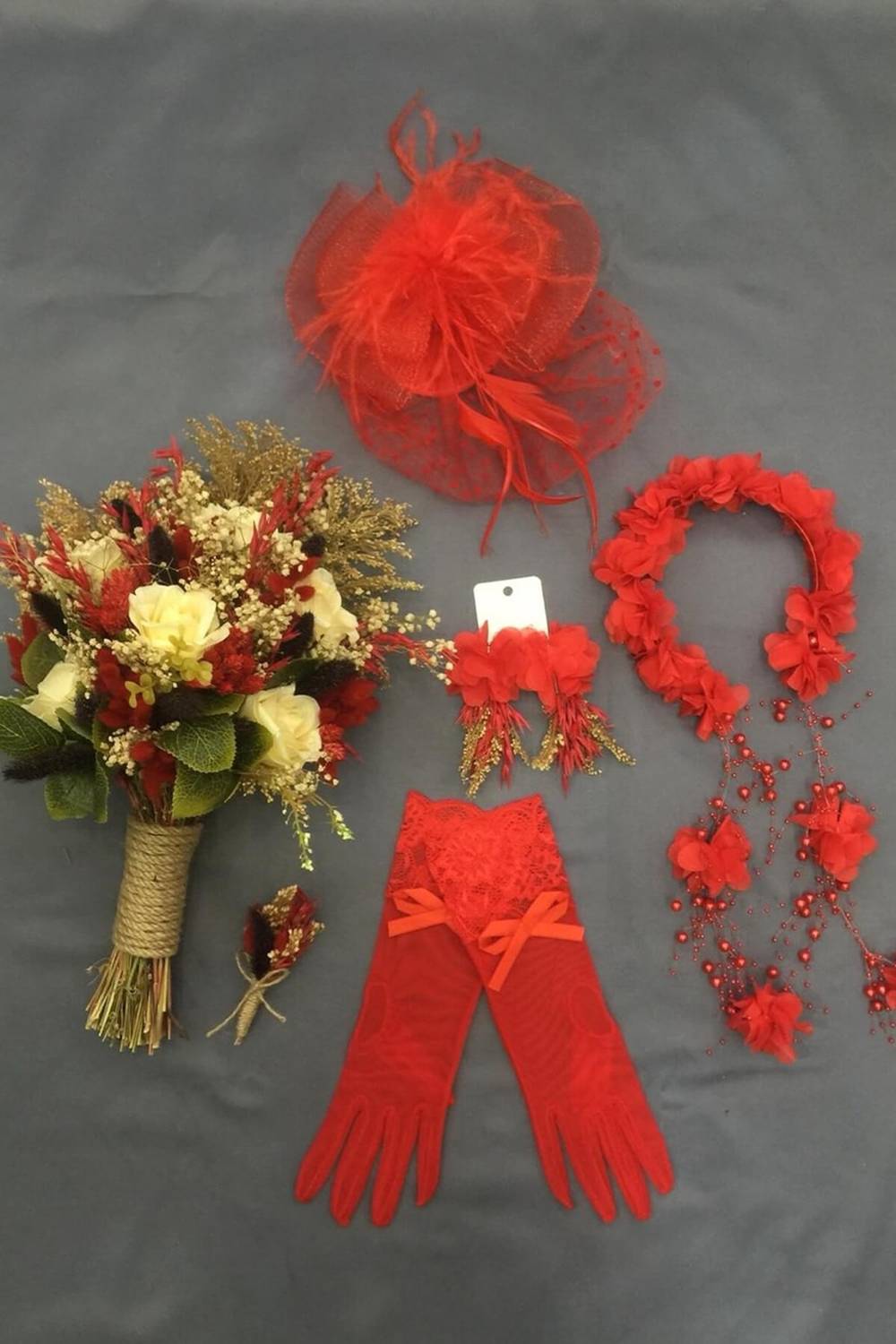 Red Cream Flower Bridal Bouquet Set