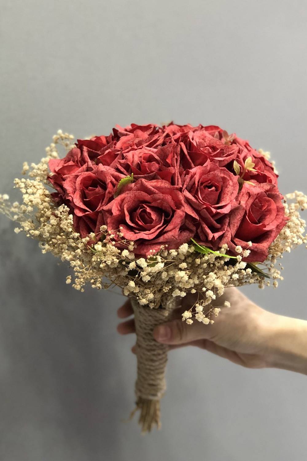 Bridal Bouquet with Red Artificial Roses and Shocked Gypsum