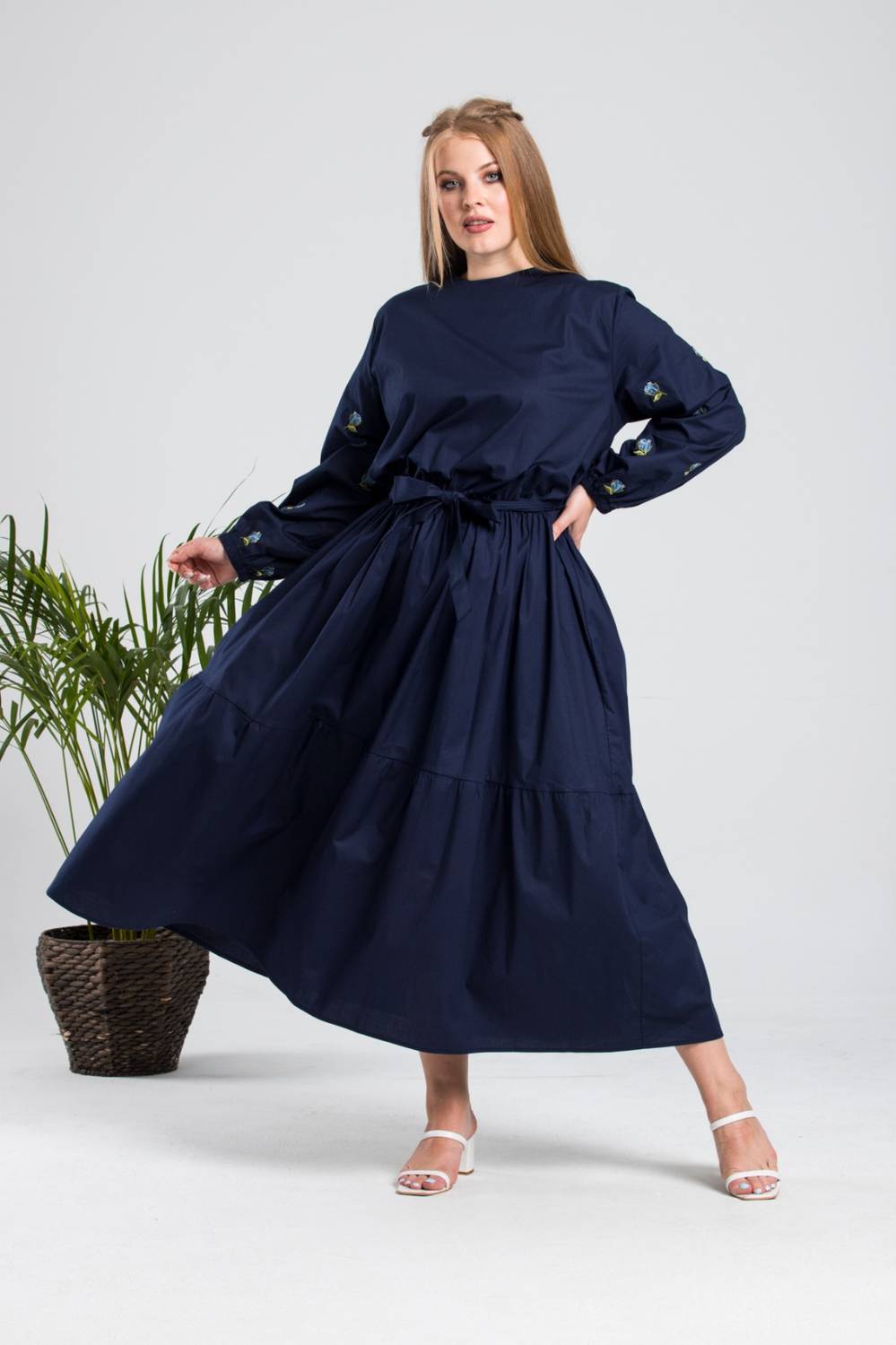 Navy Blue Long Frilly Rose Embroidered Dress