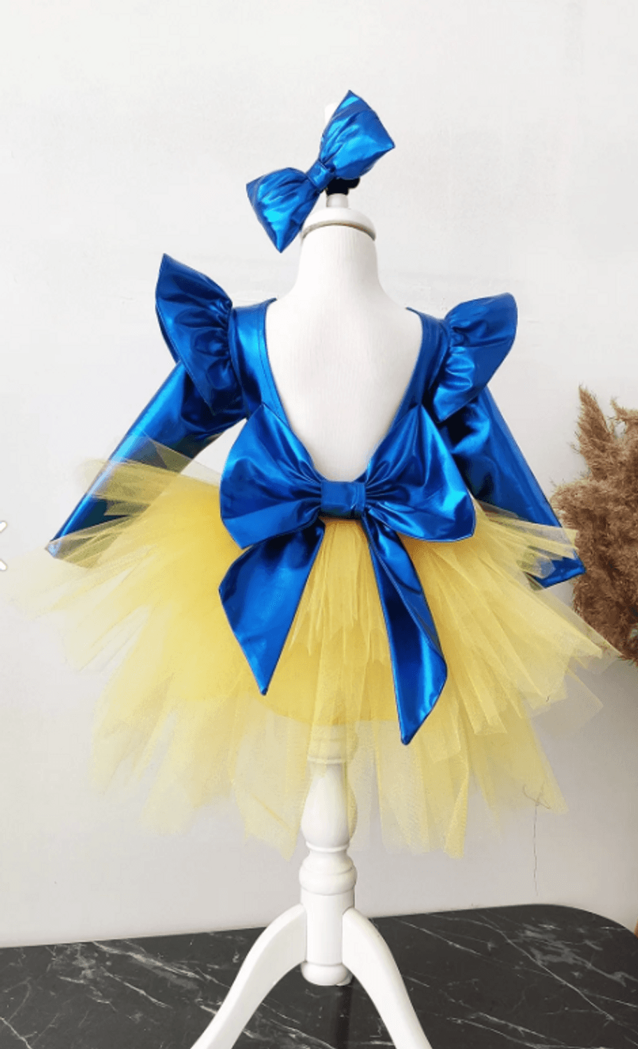 Синя сукня-тюль з бантами для дівчаток з довгими рукавами, святкове вбрання на день народження з банданою