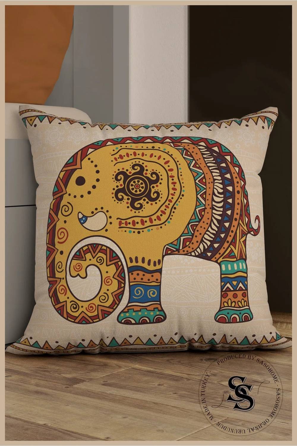 Ethnic Indian Embroidered Elephant Pattern 3D Digital Printed Cushion Cover on Cream Background