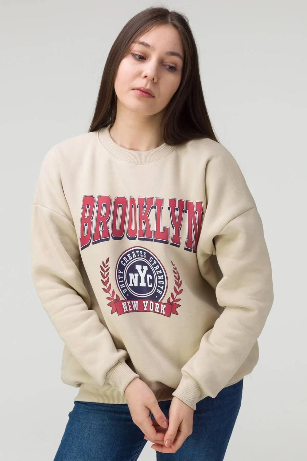 Unisex Beige Brooklyn Printed Crew Neck Oversize Sweatshirt