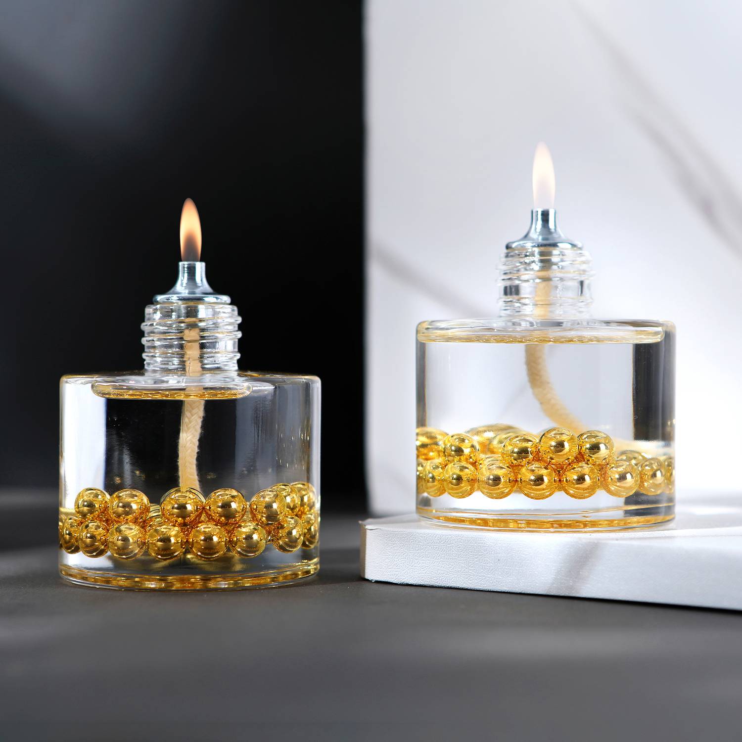 Gold Pearl Cylinder Decorative Oil Lamp Candle Set of 2