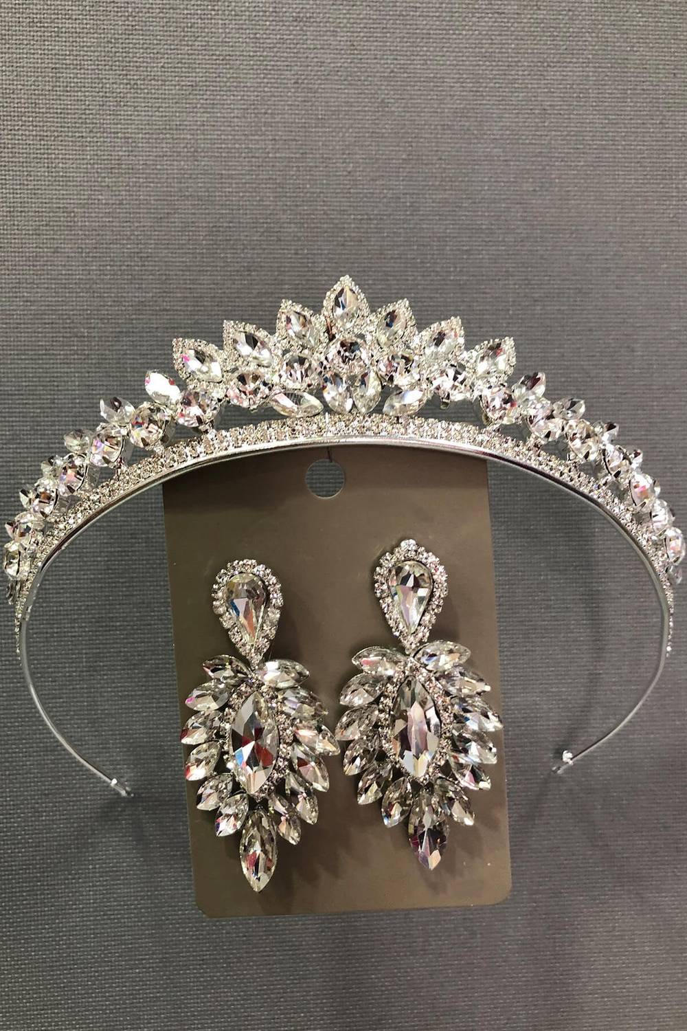 Silver Color Bridal Crown And Earring Set With Crystal Glass Stone