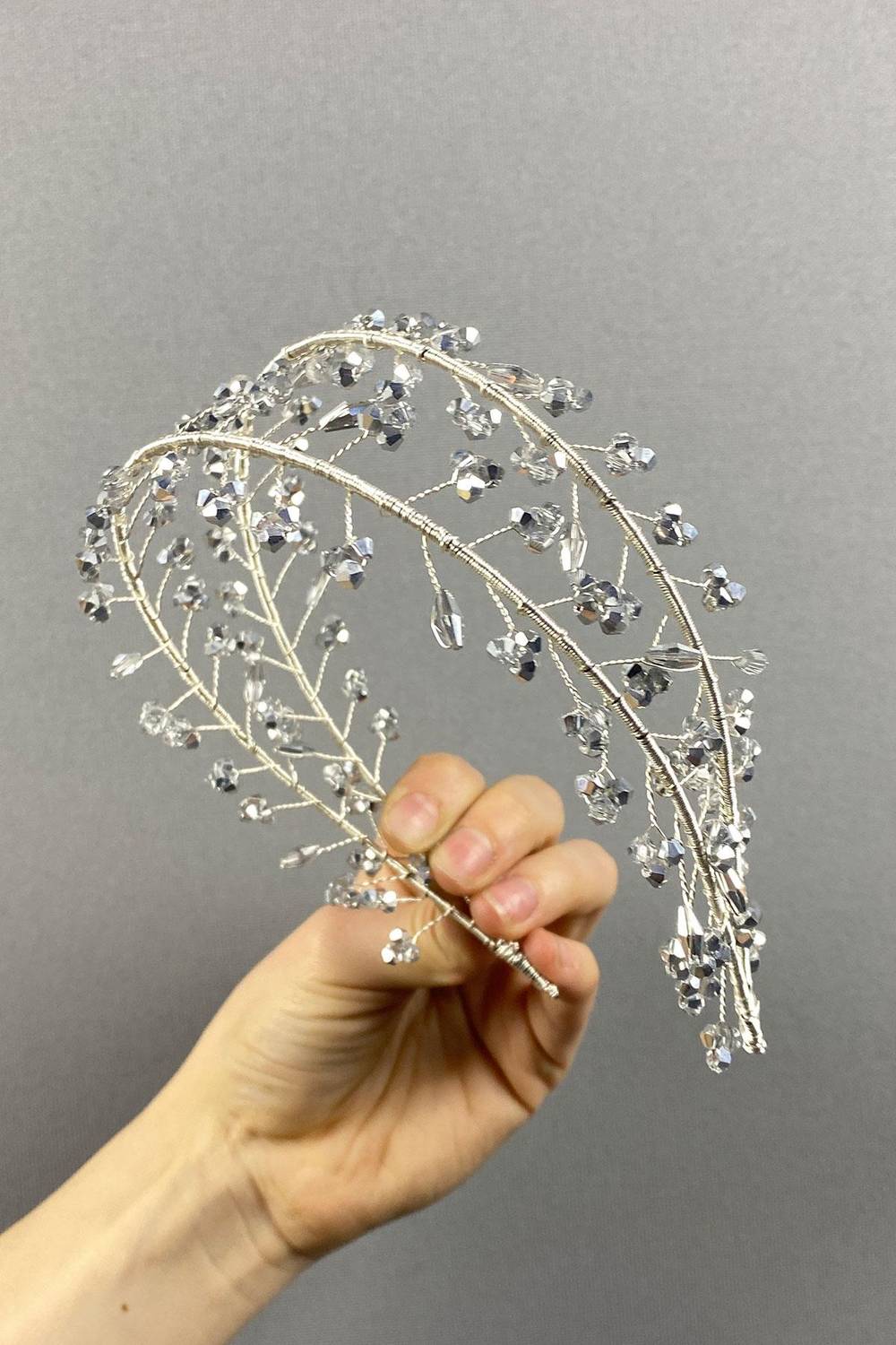 Silver Gray Double Row Leva Crystal Beaded Bridal Henna Crown