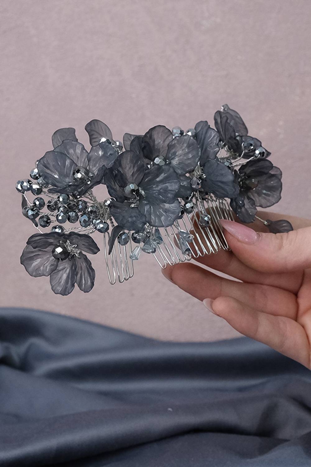 Anthracite Gribelgin Floral Motif Side Comb Hairclip Bridal Hair Accessory