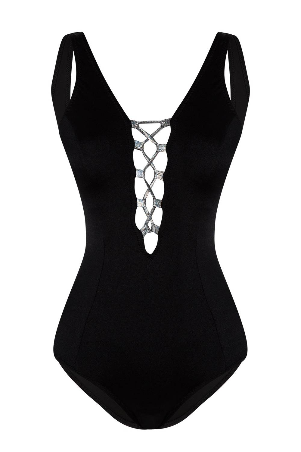 Endeep Women's Shiny Silver Bib Detailed Contouring Black Swimsuit