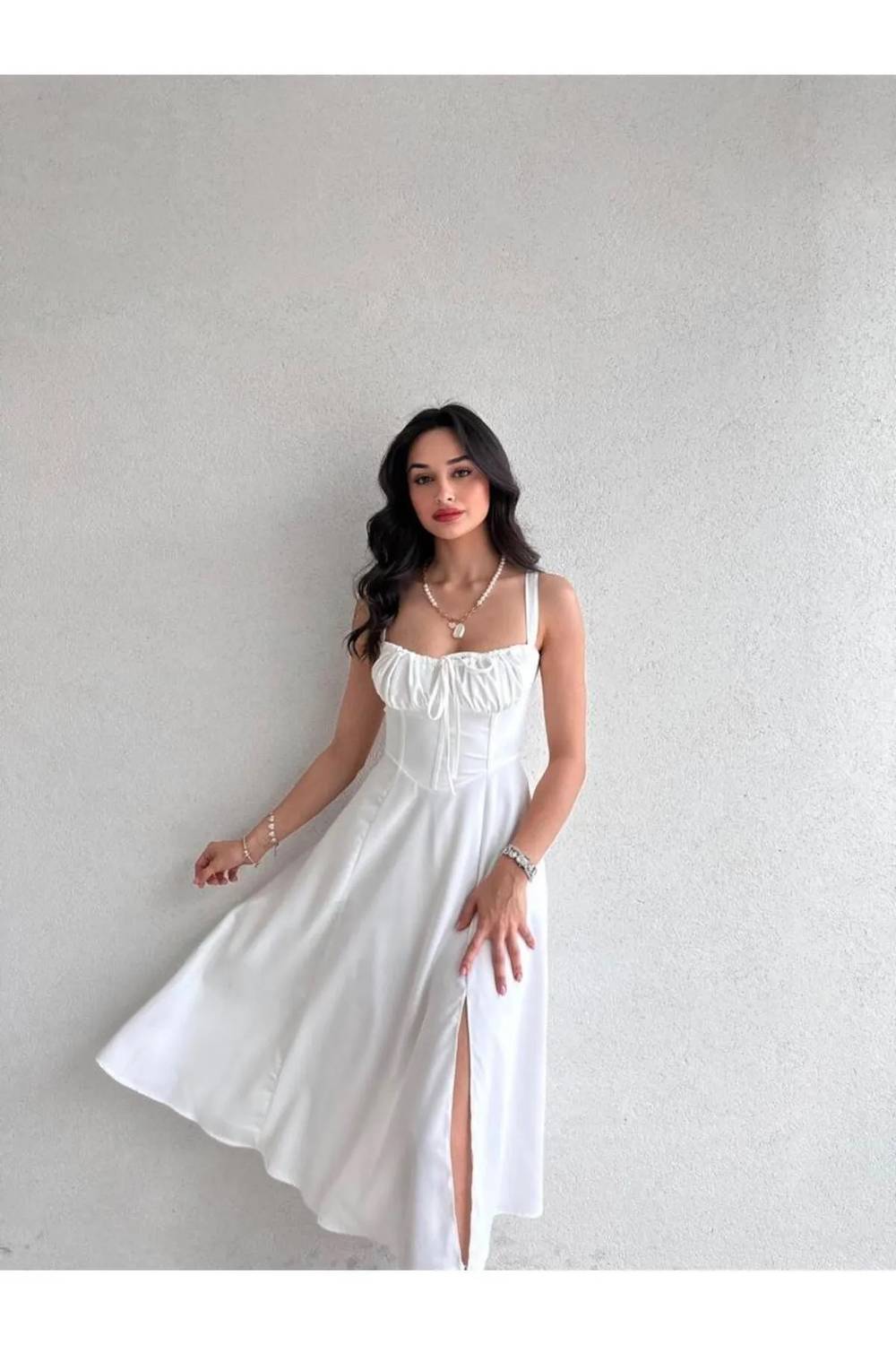Buy Bust Detailed Satin Midi White Dress With Thick Straps