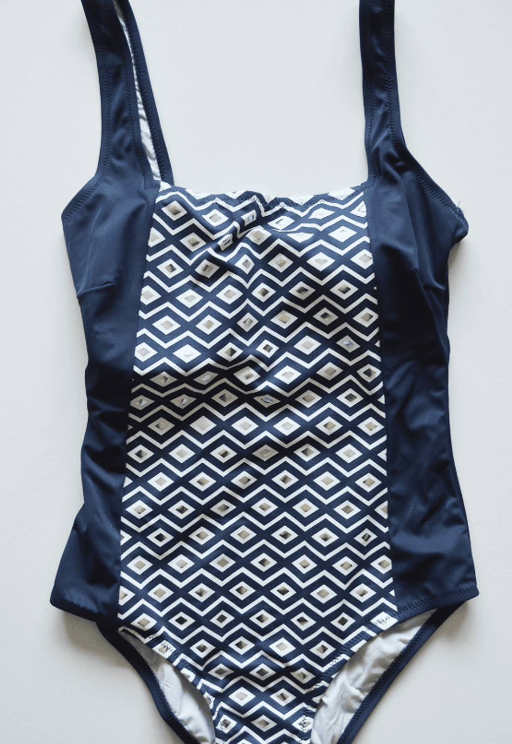 Beria Women's Gathering Square Collar Navy Blue White Patterned Swimsuit
