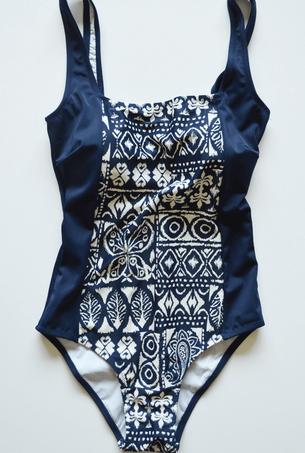 Beria Women's Gathering Square Collar Navy Blue Patterned Swimsuit