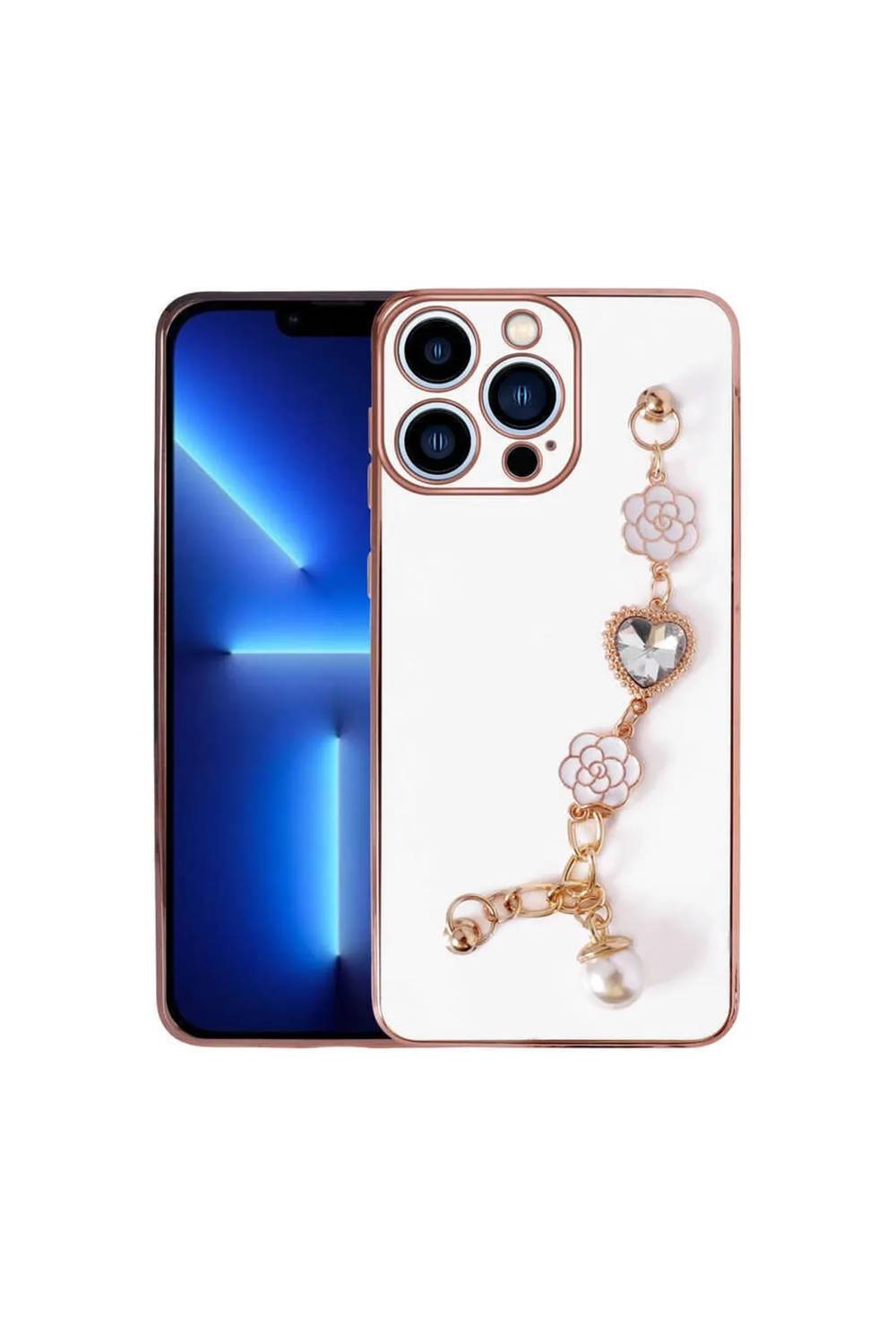 Decent Case Apple Iphone 14 Pro Max Compatible Suspended Flower Patterned Handle Camera Protected Case White
