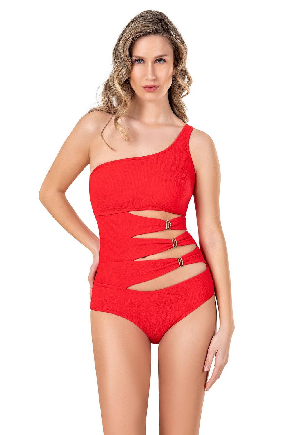 Endeep Women's One Shoulder Red Swimsuit With Accessory