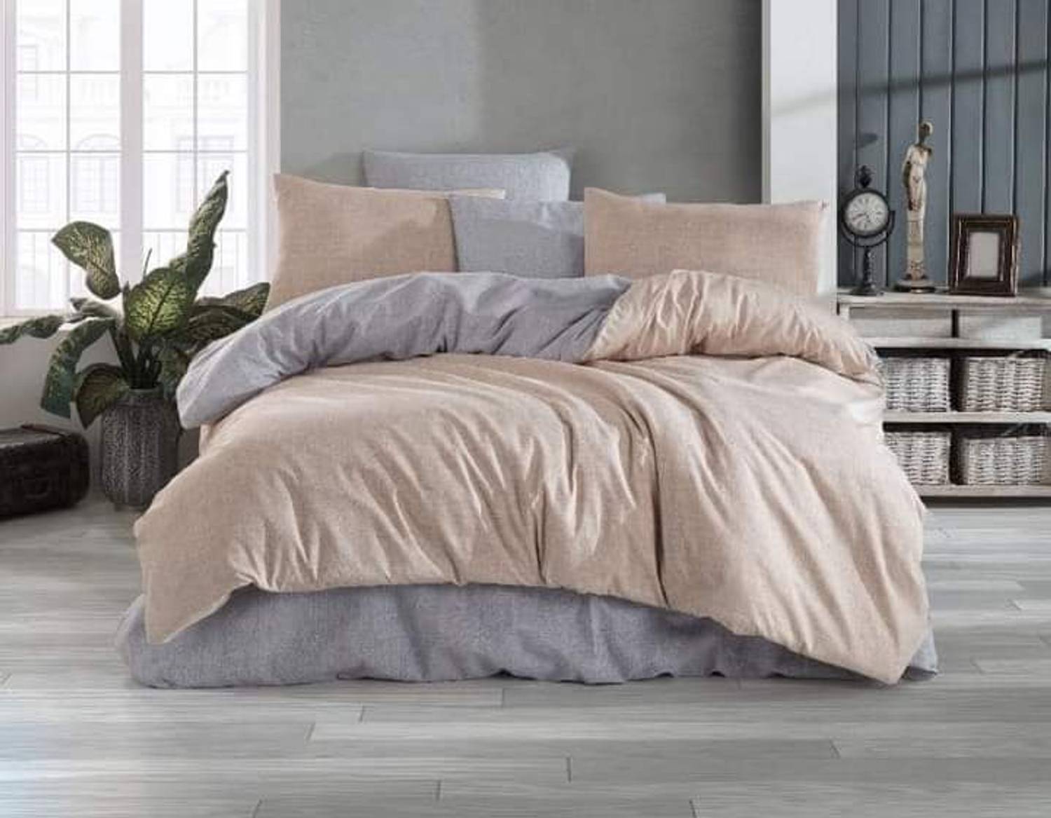 Cream gray reversible king size duvet cover set with elastication